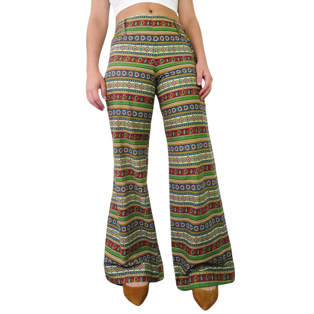 1970s Handmade Red & Green Groovy Retro Pattern Flared Bellbottoms Pants 27"